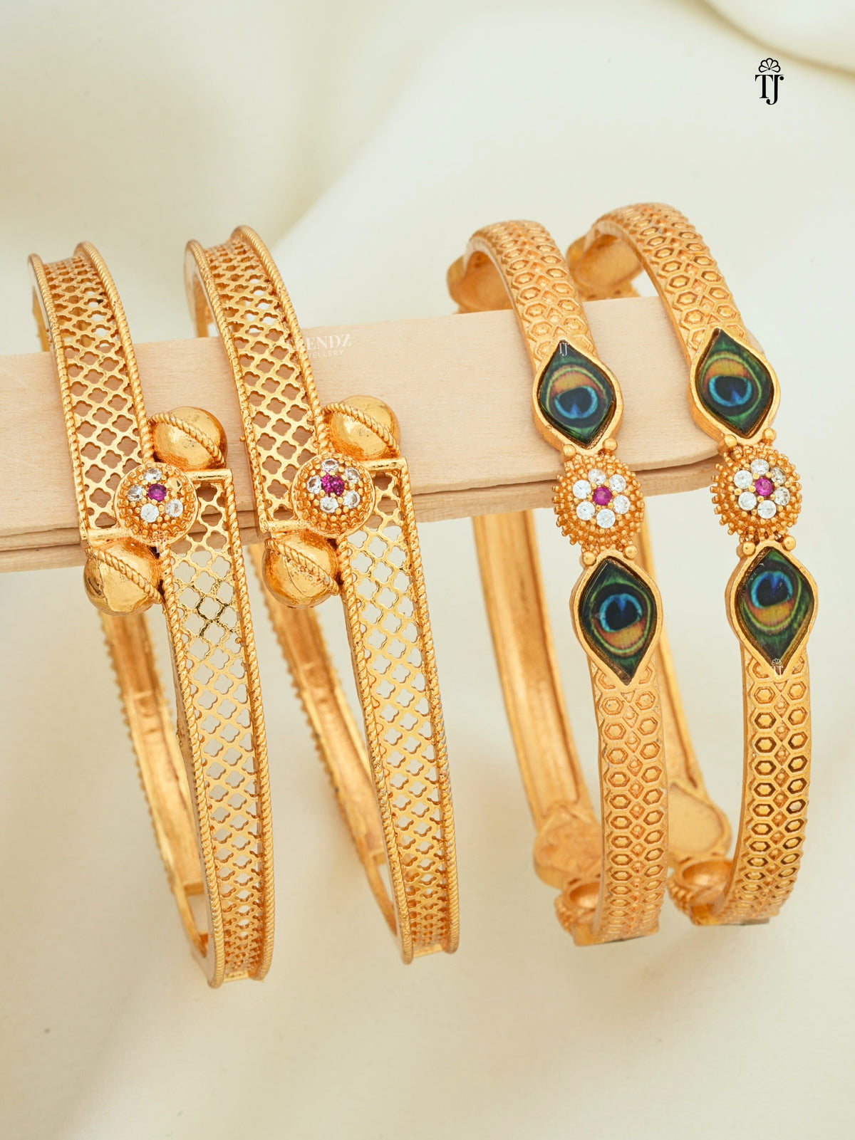 Peacock AD Bangles Combo of 2 Pair | Gold Plated Flower & Morpankh AD Diamond Bangles