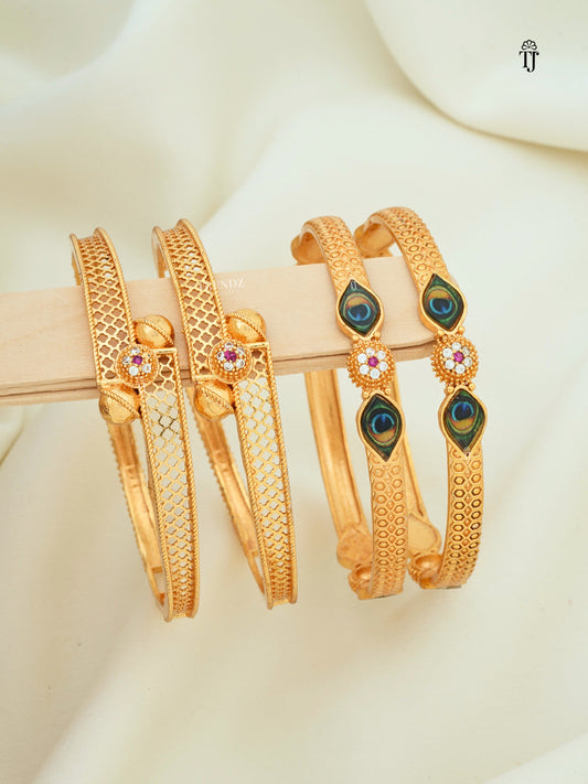 Peacock AD Bangles Combo of 2 Pair | Gold Plated Flower & Morpankh AD Diamond Bangles