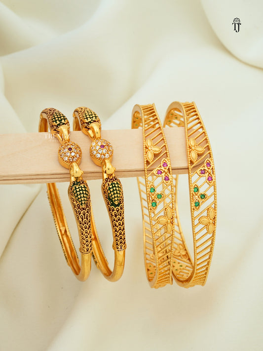Peacock Style Daily Wear Bangles Combo of 2 Pair | Gold Plated Meenakari & AD Ball Bangles