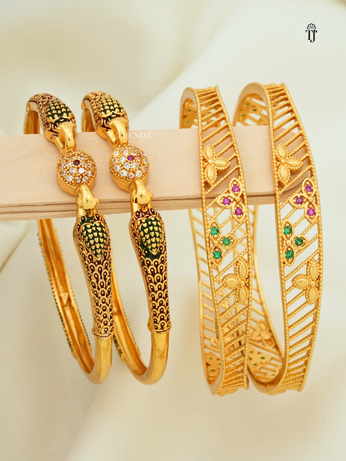 Peacock Style Daily Wear Bangles Combo of 2 Pair | Gold Plated Meenakari & AD Ball Bangles