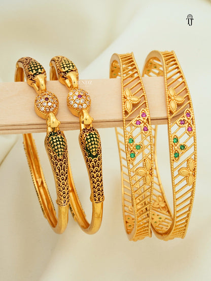 Peacock Style Daily Wear Bangles Combo of 2 Pair | Gold Plated Meenakari & AD Ball Bangles