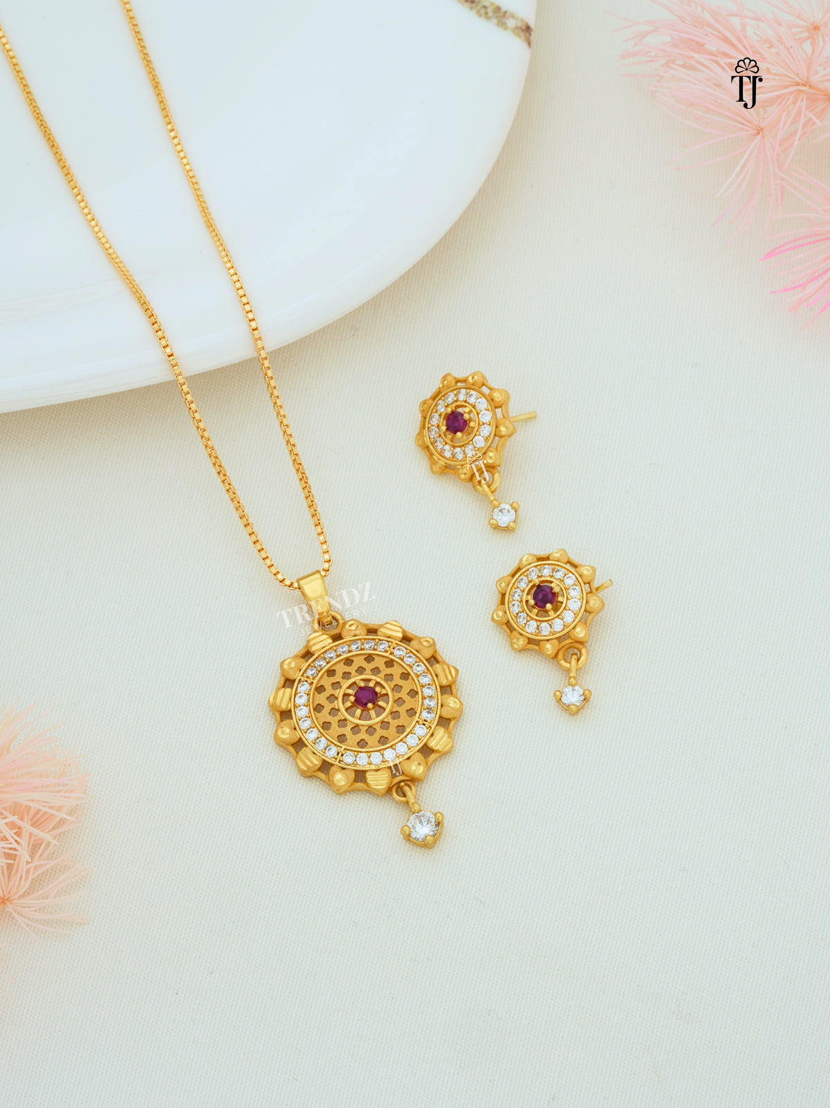 Pendant Necklaces For Women | Traditional Round Ruby & AD Diamond Design