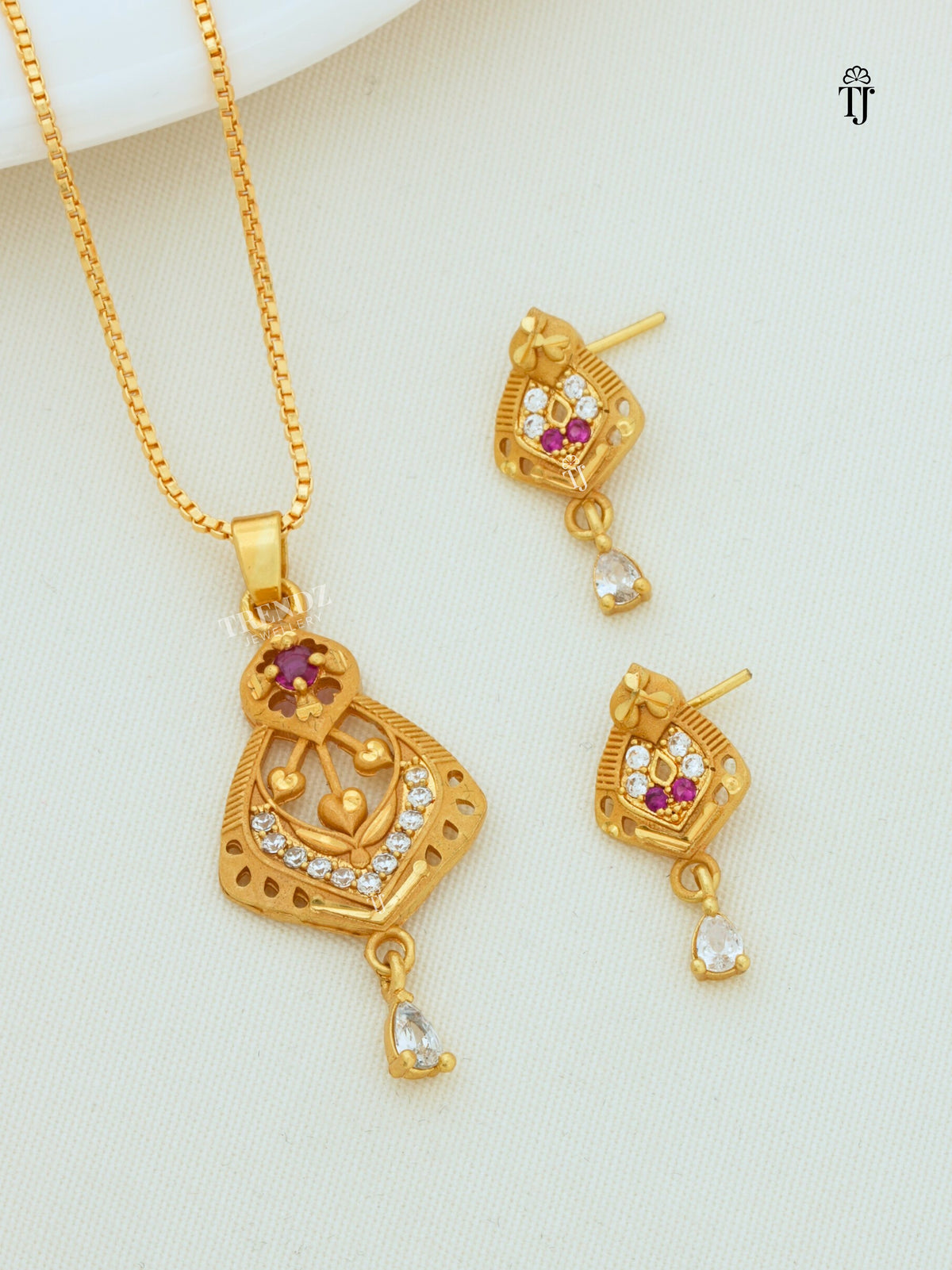 Premium Artificial Pendant Set | Unique AD Diamond & Ruby Stone Necklace Set