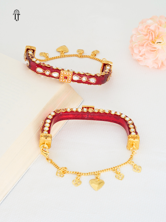 Premium Red Bangle Bracelet for Ladies | Beautiful Stone Design with Heart and Chain