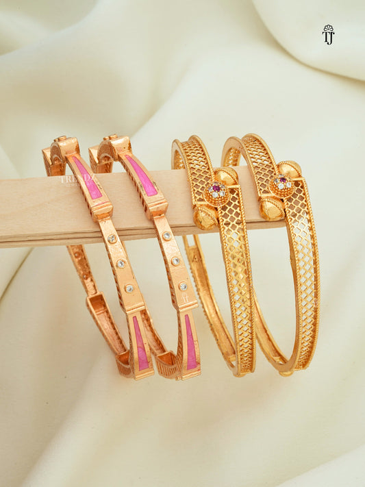 Rose Gold Daily Wear Bangles Combo of 2 Pair | Meenakari & AD Ball Design Bangles