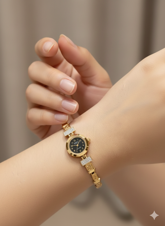Royal Look Gold Plated Crystal Studded Bracelet Watch