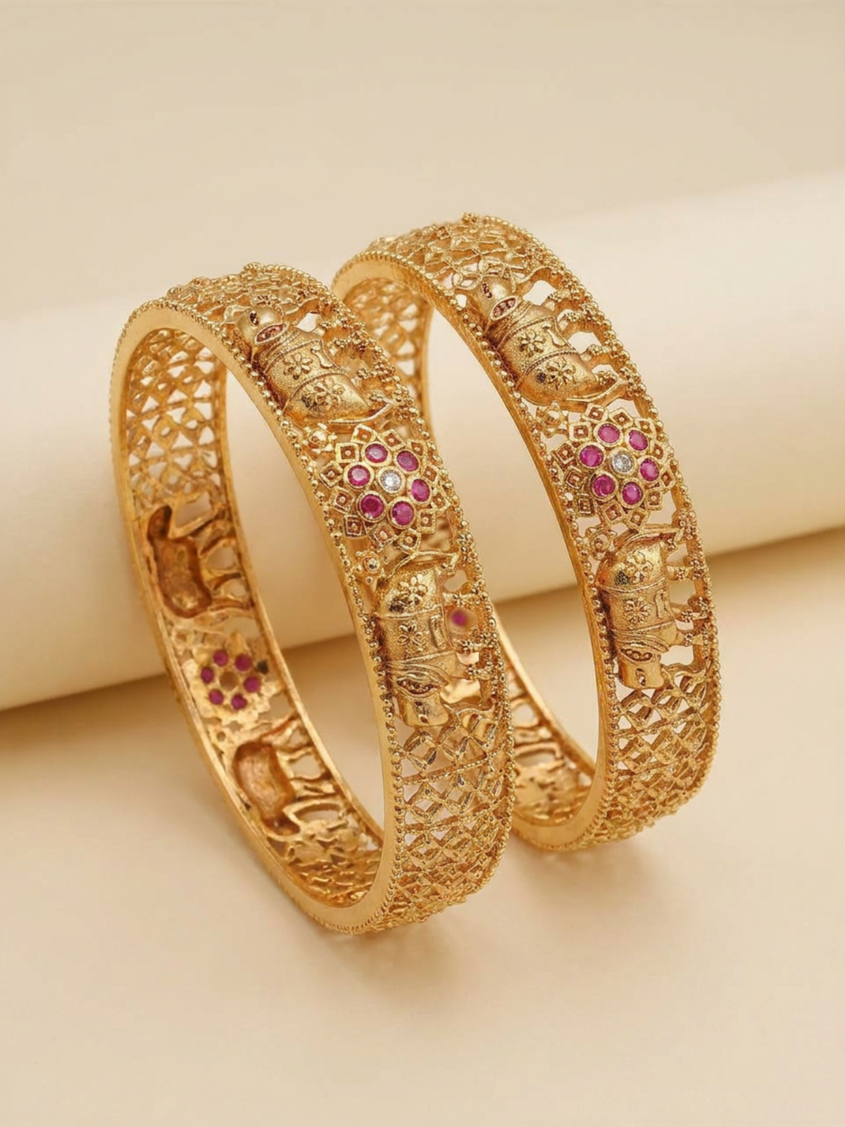 Ruby Elephant Heritage Kada Bangles With High Gold Plating
