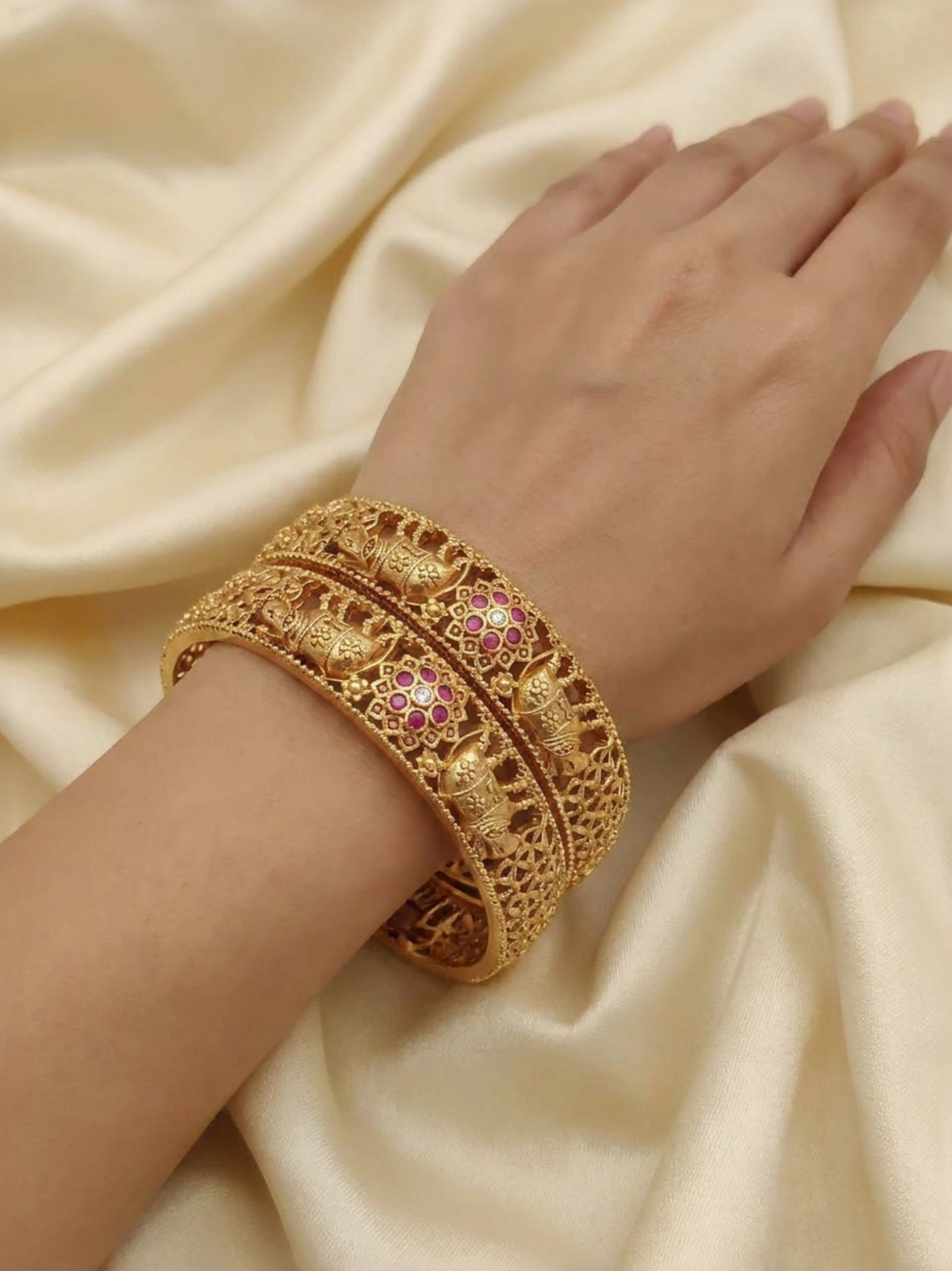 Ruby Elephant Heritage Kada Bangles With High Gold Plating