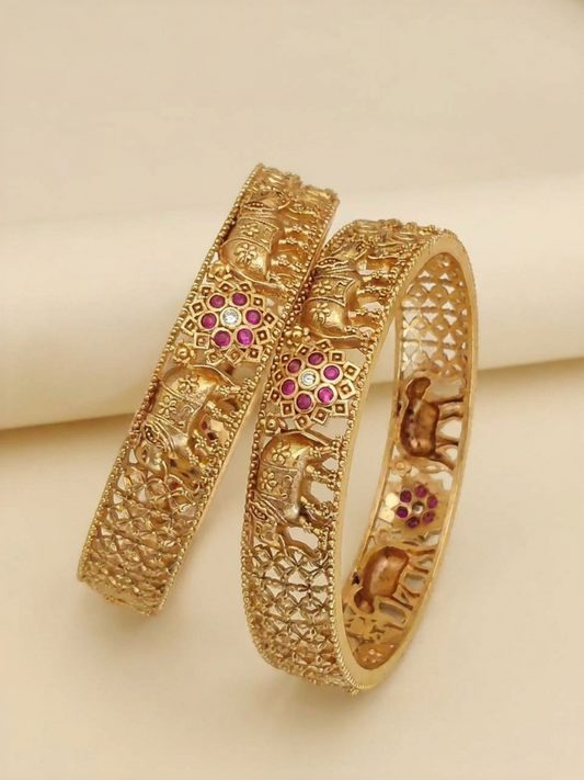 Ruby Elephant Heritage Kada Bangles With High Gold Plating