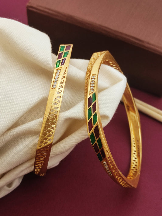Stylish 3D Minawork Square Shape Bangles With Micro Gold Finish Pack Of 2 Pieces ( 1 Pair )