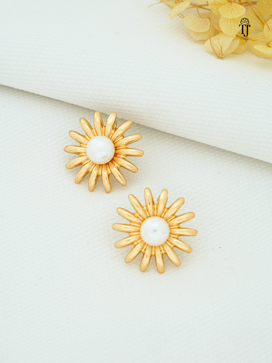 Stylish Daily Wear Gold Earrings | Golden Sunburst Pearl Earrings