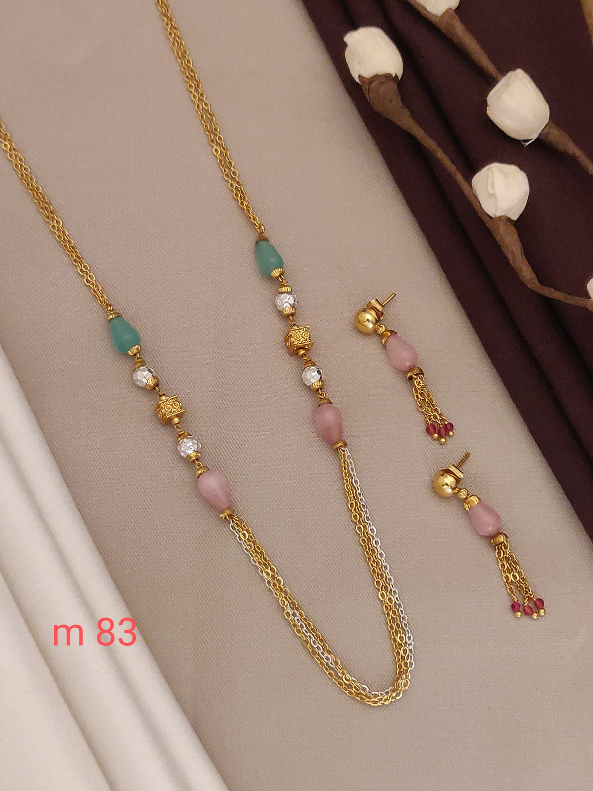 Stylish Silver-Gold Mala With Earrings With Micro Gold Finish