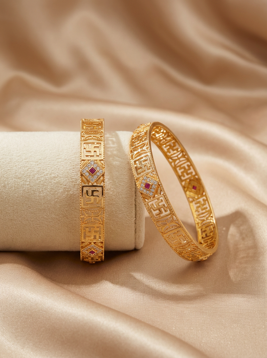 Traditional Gold Finish Swastik Designer Bangles Set of 1 Pair