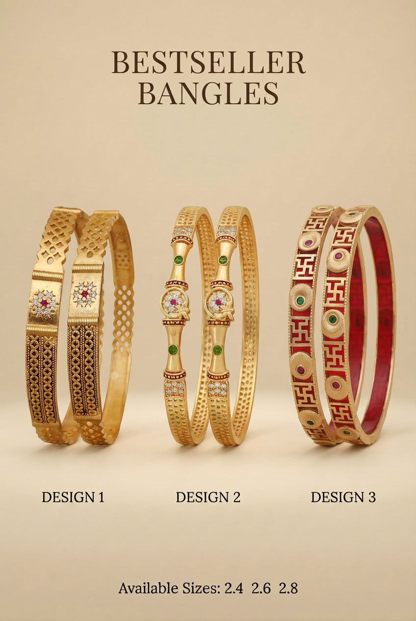 Traditional Gold Plated Designer Bangles Pack of 3 Pair