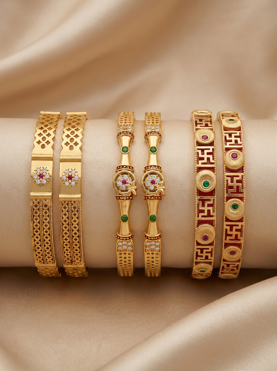 Traditional Gold Plated Designer Bangles Pack of 3 Pair