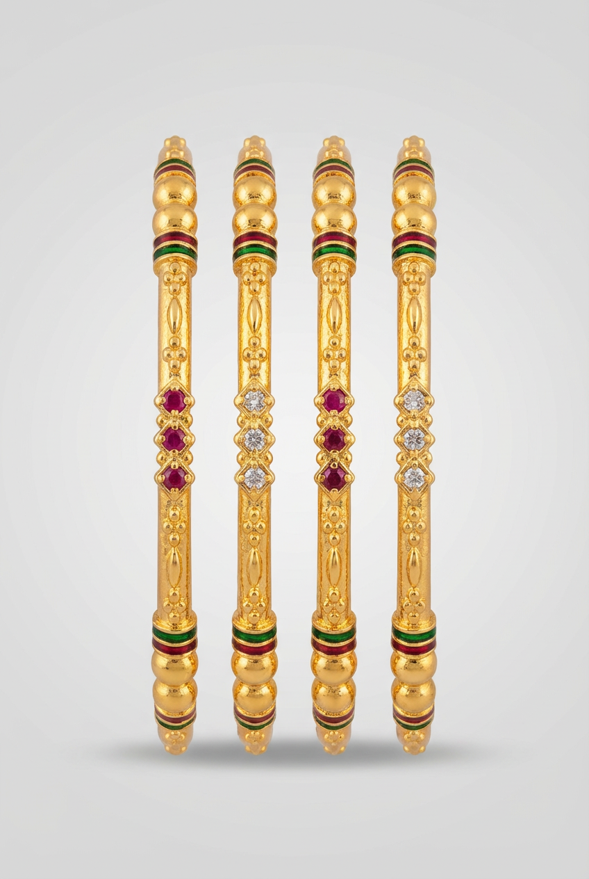 Traditional Ruby Diamond Finish Bangle Set of 4 Pis
