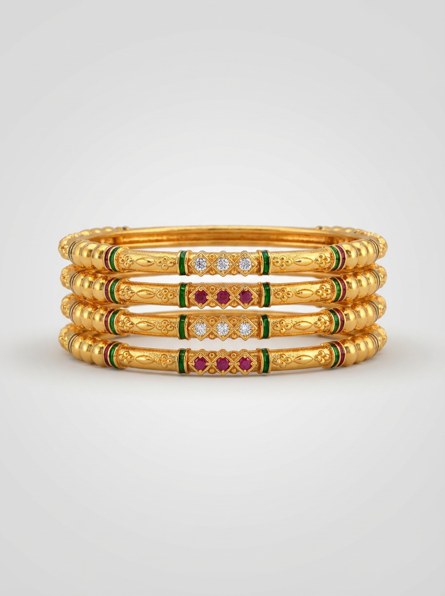 Traditional Ruby Diamond Finish Bangle Set of 4 Pis