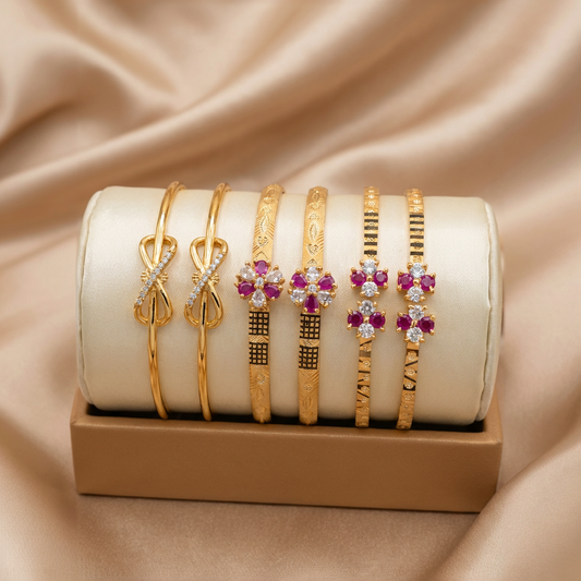 Trendy Gold Finish Adjustable Bracelet Combo | Stylish Bangles for Women (3 Pair Set)