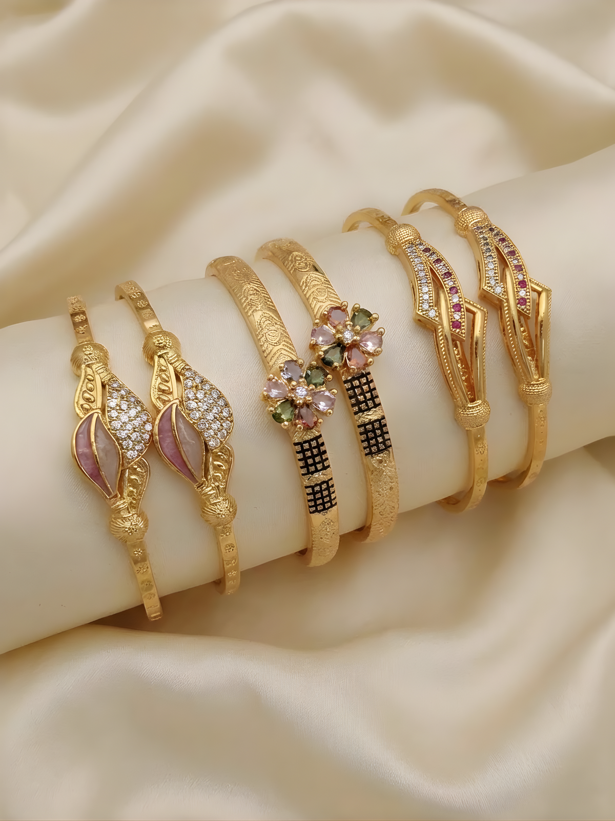 Trendy Gold Finish Adjustable Bracelet Combo | Stylish Bangles for Women (3 Pair Set)