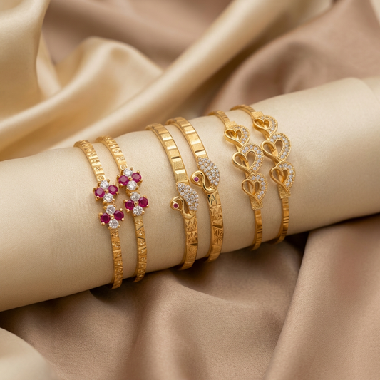 Trendy Gold Finish Adjustable Bracelet Combo | Stylish Bangles for Women (3 Pair Set)