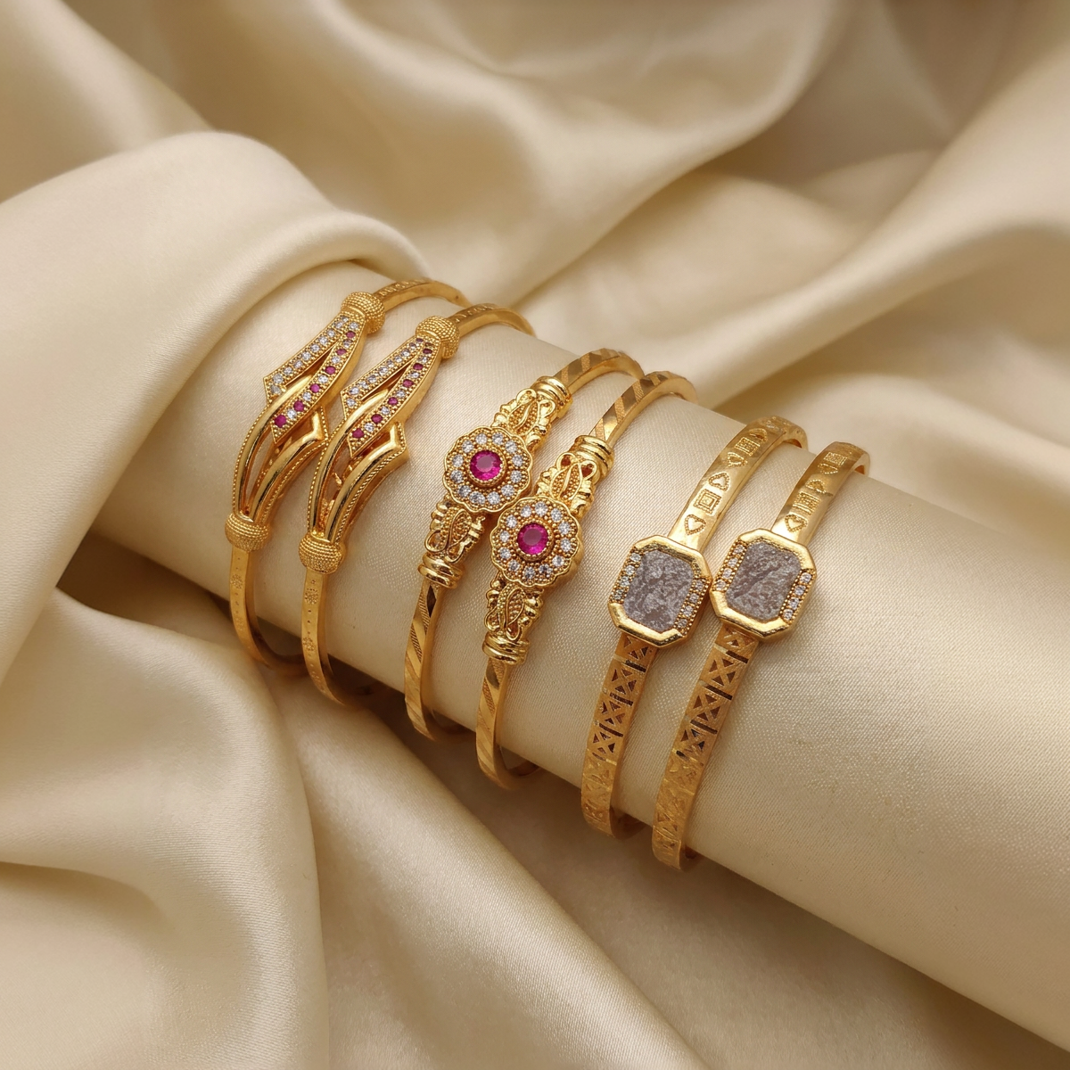 Trendy Gold Finish Adjustable Bracelet Combo | Stylish Bangles for Women (3 Pair Set)