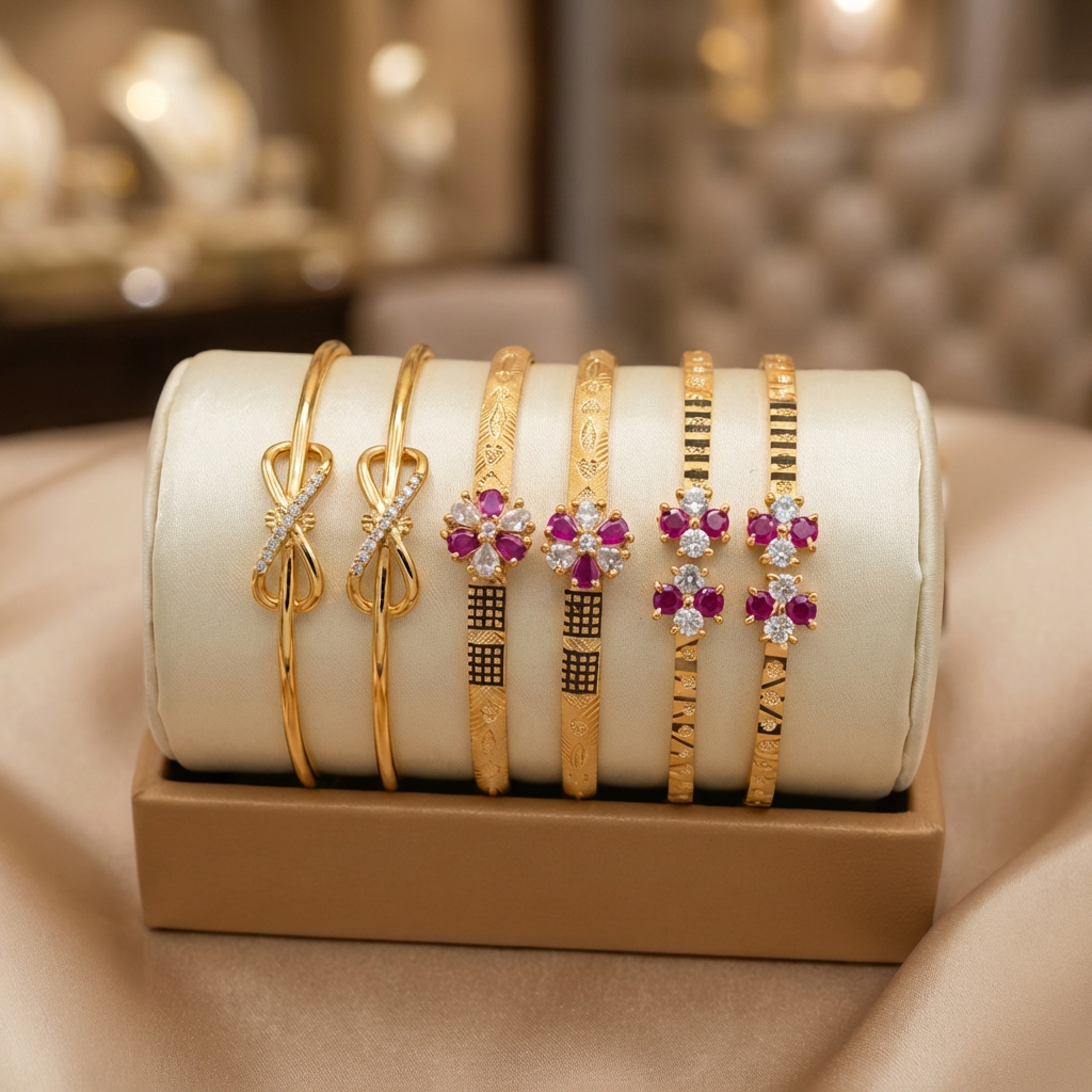 Trendy Gold Finish Adjustable Bracelet Combo | Stylish Bangles for Women (3 Pair Set)