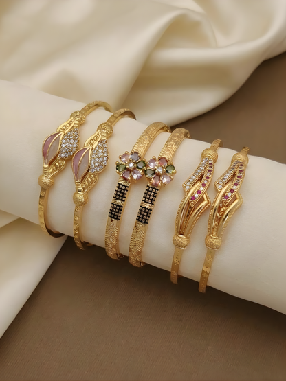 Trendy Gold Finish Adjustable Bracelet Combo | Stylish Bangles for Women (3 Pair Set)