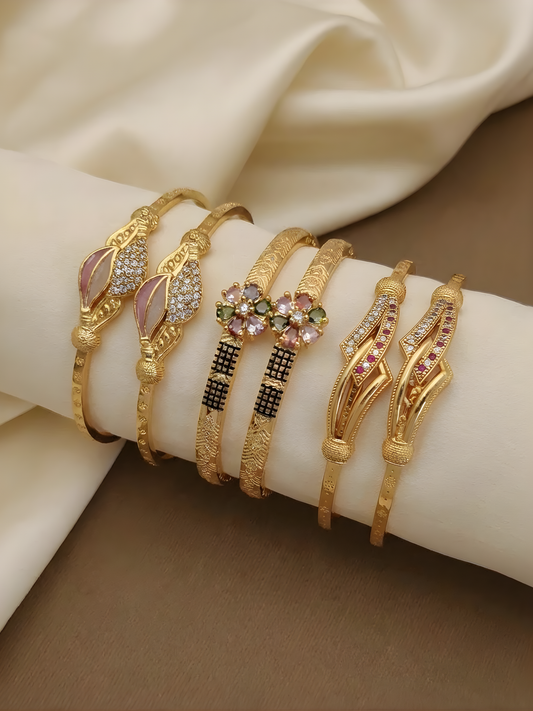 Trendy Gold Finish Adjustable Bracelet Combo | Stylish Bangles for Women (3 Pair Set)