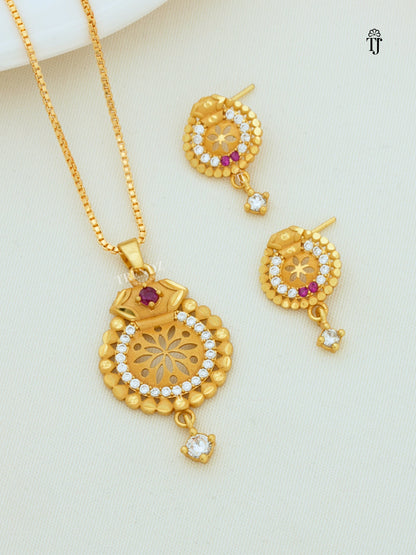 Trendy Pendant Set for Women | Floral Bloom Design with Red Stone & American Diamonds