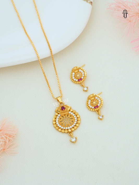 Trendy Pendant Set for Women | Floral Bloom Design with Red Stone & American Diamonds