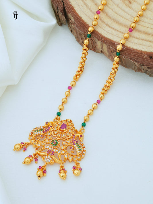 Unique Multi Stone Peacock Pendant Chain Necklace || Premium Temple Jewellery Set