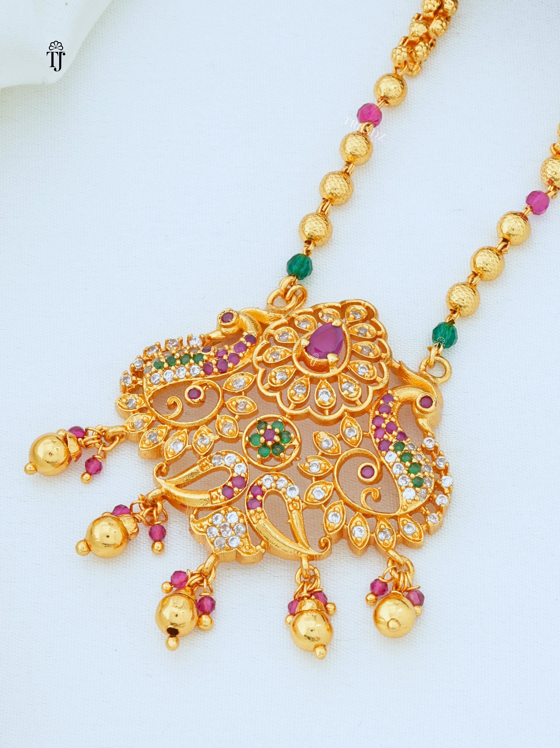 Unique Multi Stone Peacock Pendant Chain Necklace || Premium Temple Jewellery Set