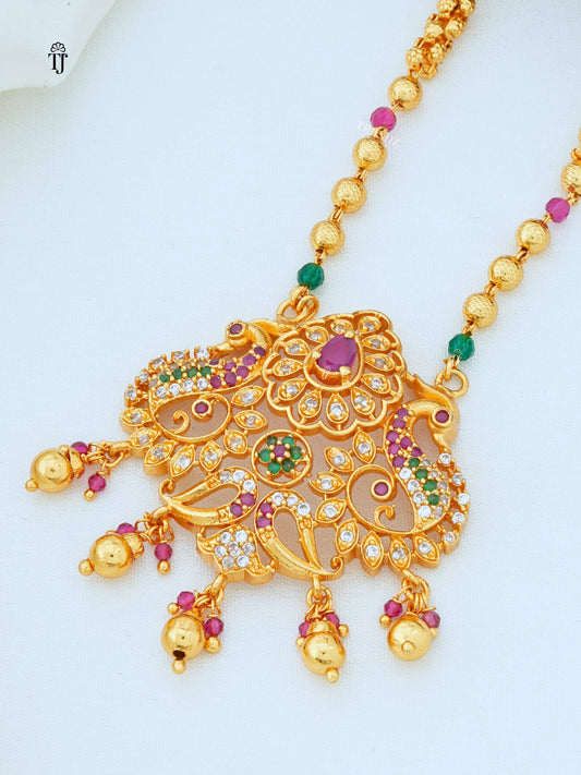 Unique Multi Stone Peacock Pendant Chain Necklace || Premium Temple Jewellery Set