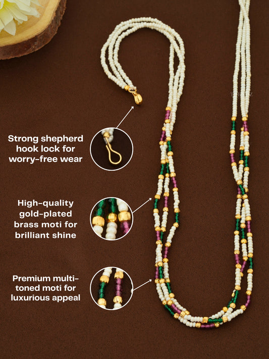 Women 3 Layer Moti Mala Design | Multi-Color Mala with Gold Plated Beads & Shepherd Hook