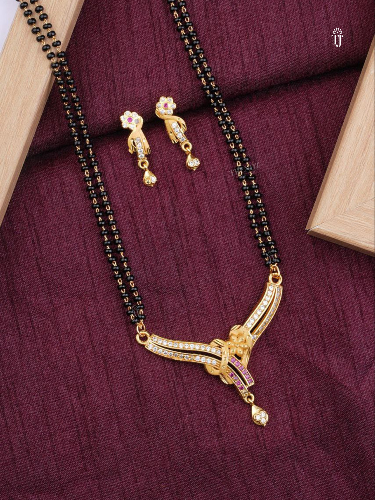 Women AD Diamond Mangalsutra | Unique Design with Black Beads & Matching Earrings