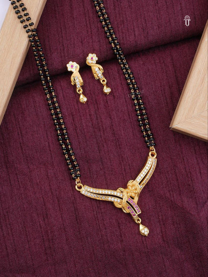 Women AD Diamond Mangalsutra | Unique Design with Black Beads & Matching Earrings