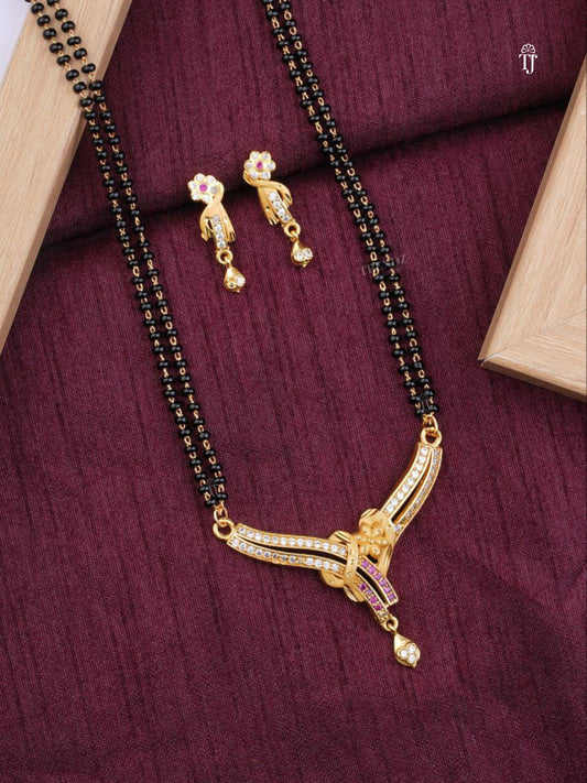 Women AD Diamond Mangalsutra | Unique Design with Black Beads & Matching Earrings