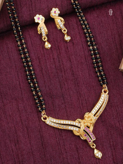 Women AD Diamond Mangalsutra | Unique Design with Black Beads & Matching Earrings