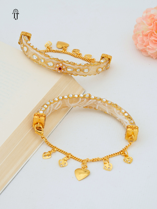 Women Bangle Bracelet 2026 | Stylish White & Gold Design with Heart Adorned Chain