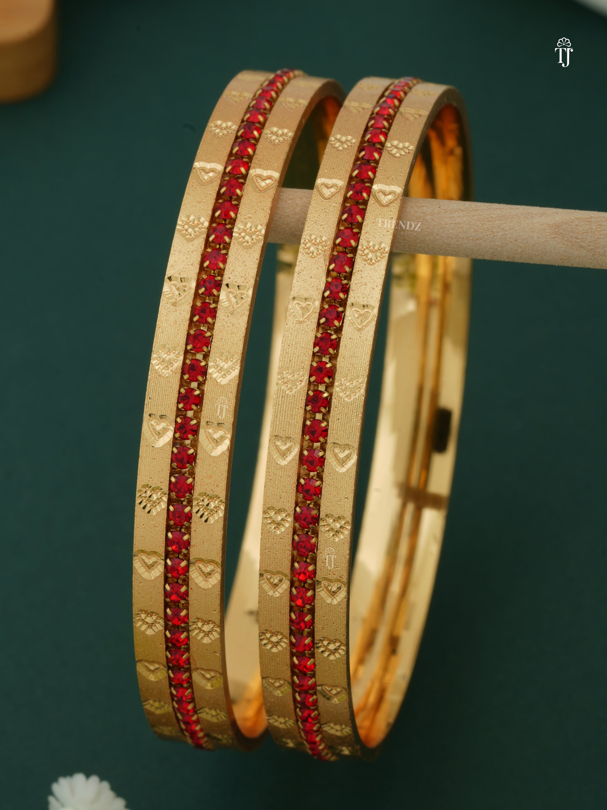 Women CNC Bangles Design | Red Diamond Heart-Shape Bangle Set for Women