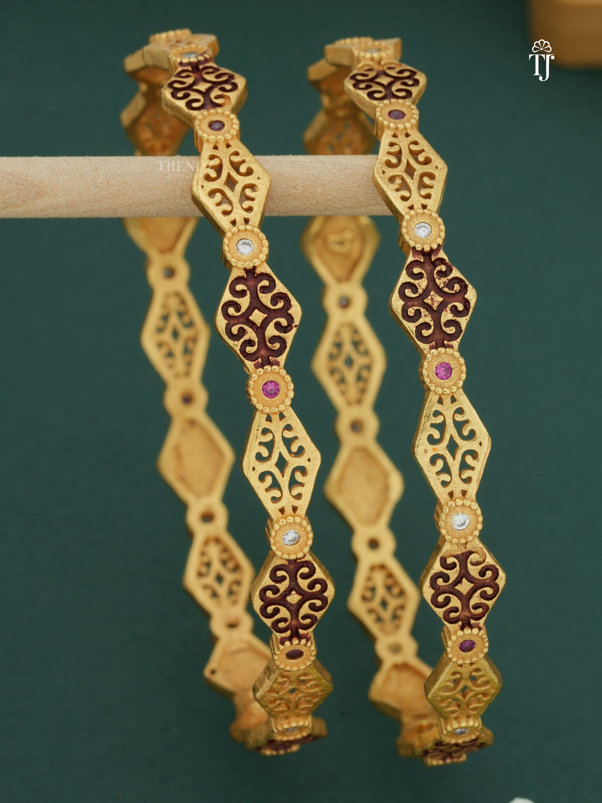 Traditional Gold Plated Bangles with Red and White Stones