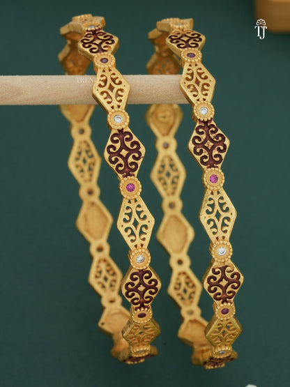 Traditional Gold Plated Bangles with Red and White Stones