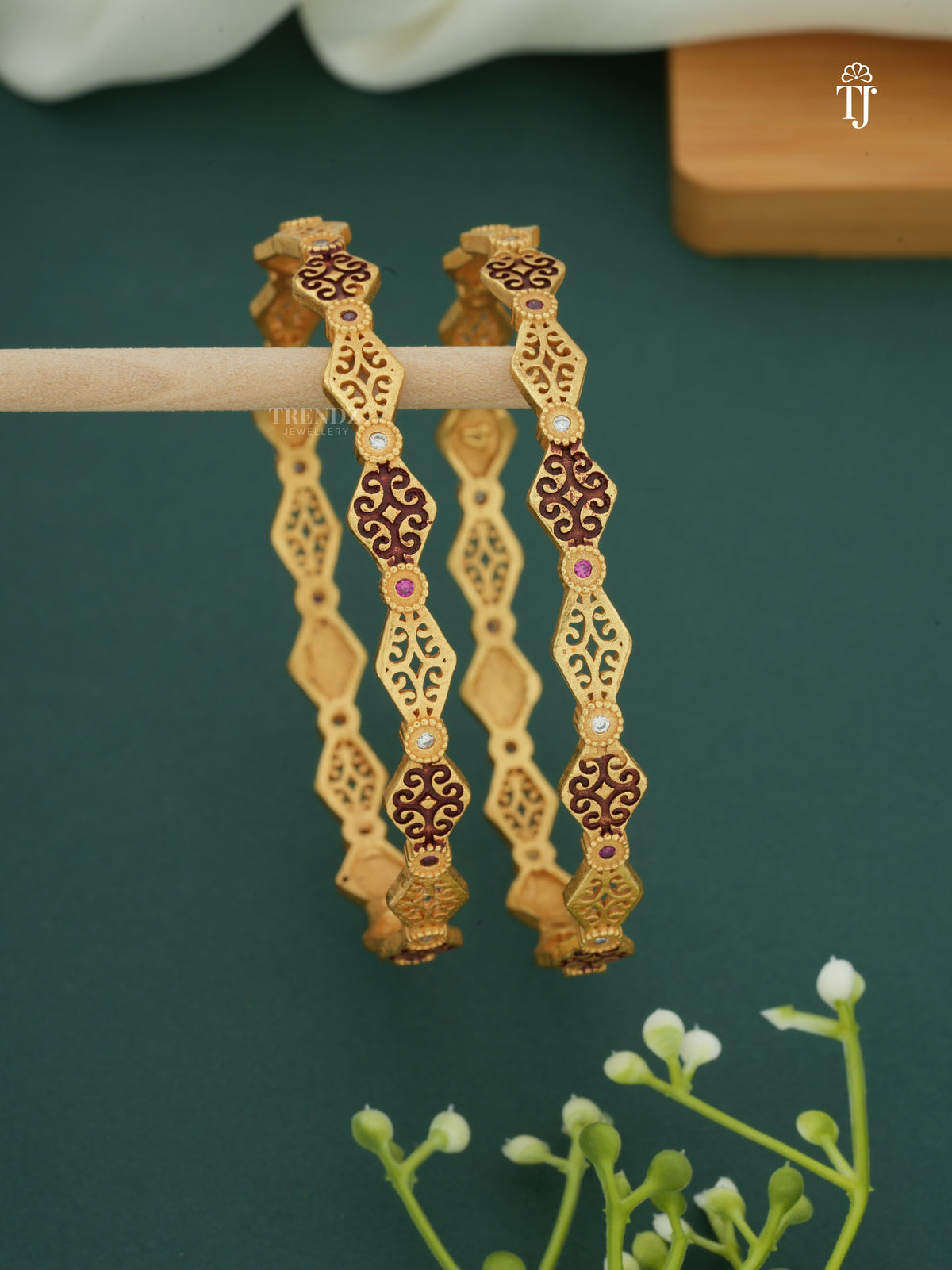 Traditional Gold Plated Bangles with Red and White Stones