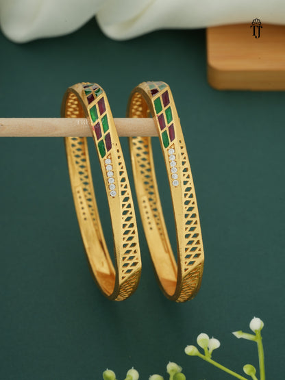 Stylish 3D Minawork Square Shape Bangles With Micro Gold Finish Pack Of 2 Pieces ( 1 Pair )