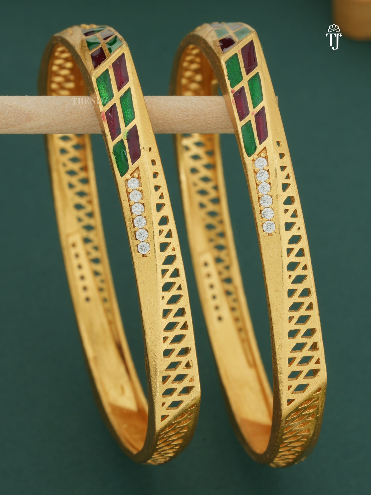 Stylish 3D Minawork Square Shape Bangles With Micro Gold Finish Pack Of 2 Pieces ( 1 Pair )